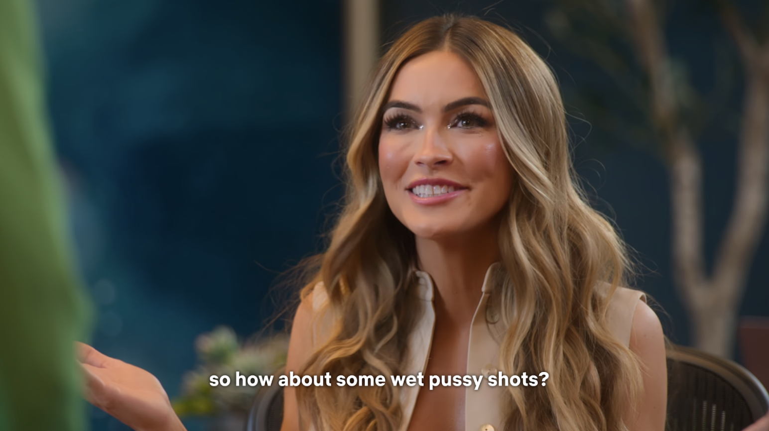 Chrishell Stause smiling and asking if folks want some wet pussy shots!
